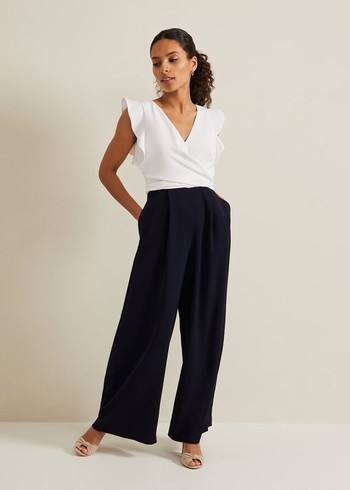 Phase Eight Petite Ayla Ruffle Colourblock Jumpsuit Navy/White USA | 9460857-HV